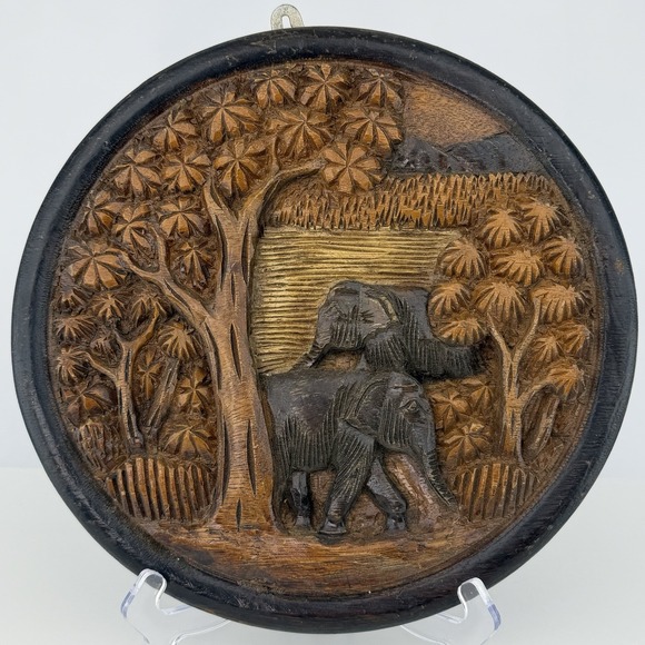 Other - Vintage Hand Carved Wood Elephant Wall Plaque Safari Jungle Scene Round 11.5"
